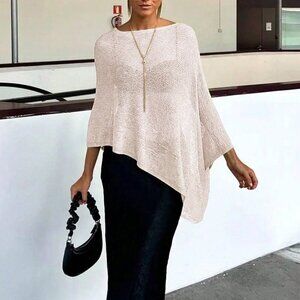 Khaki Color Elegant Women's  Loose Knit Shawl poncho kint top